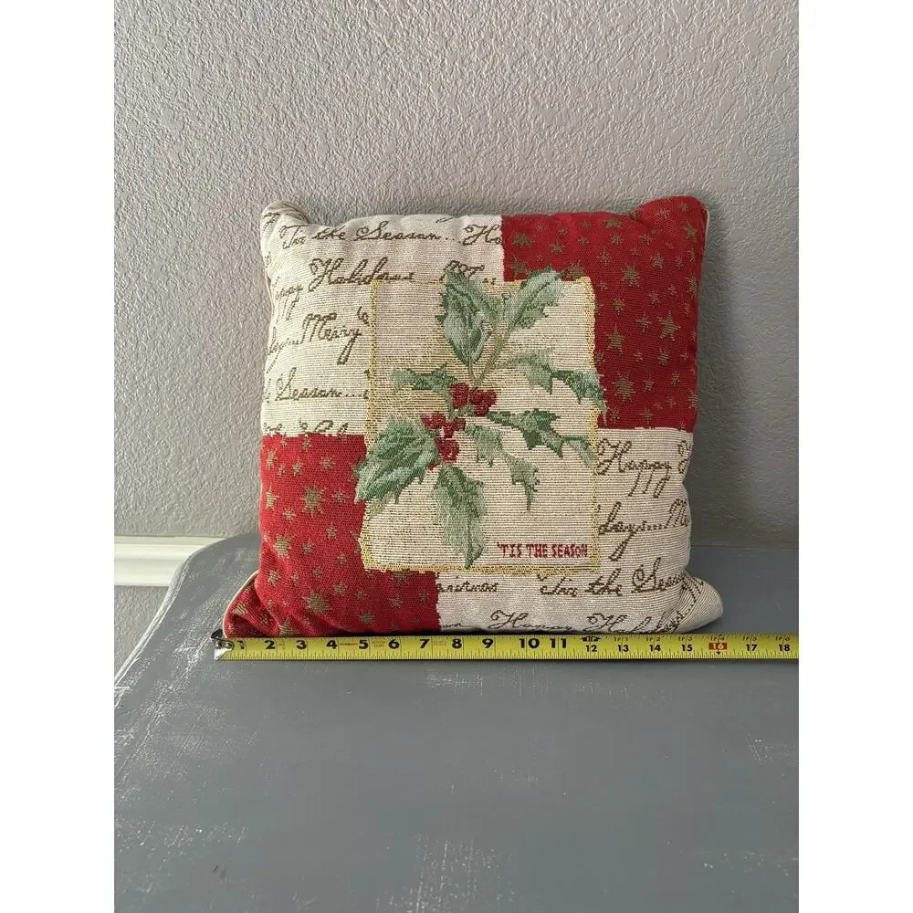 Vintage Christmas Tapestry Pillow Holly Berry Patchwork 16x16 Holiday Decor